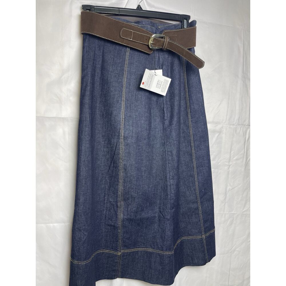 Zara Denim Midi Skirt Semi Wrap Belted Blue Contrast Stitch NWT Size M